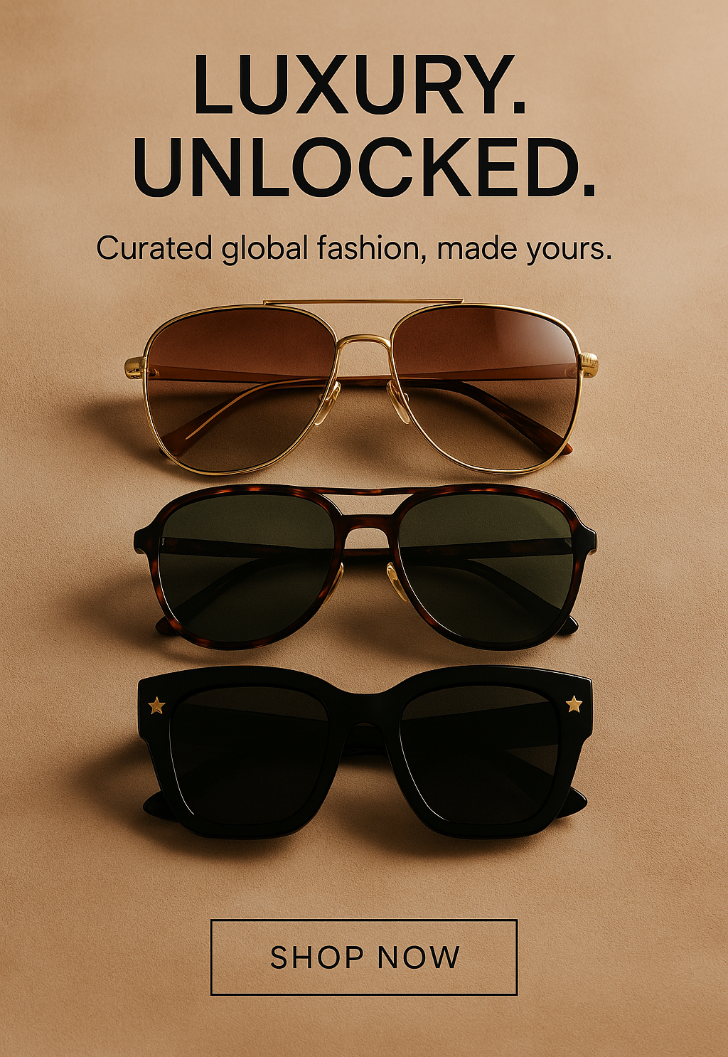 Three pairs of sunglasses on a beige background with promotional text.