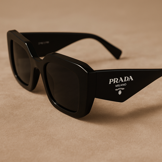 Black Prada sunglasses on a beige background