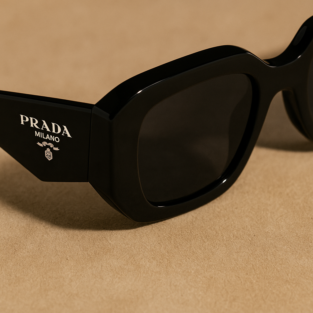 Black Prada sunglasses on a beige background
